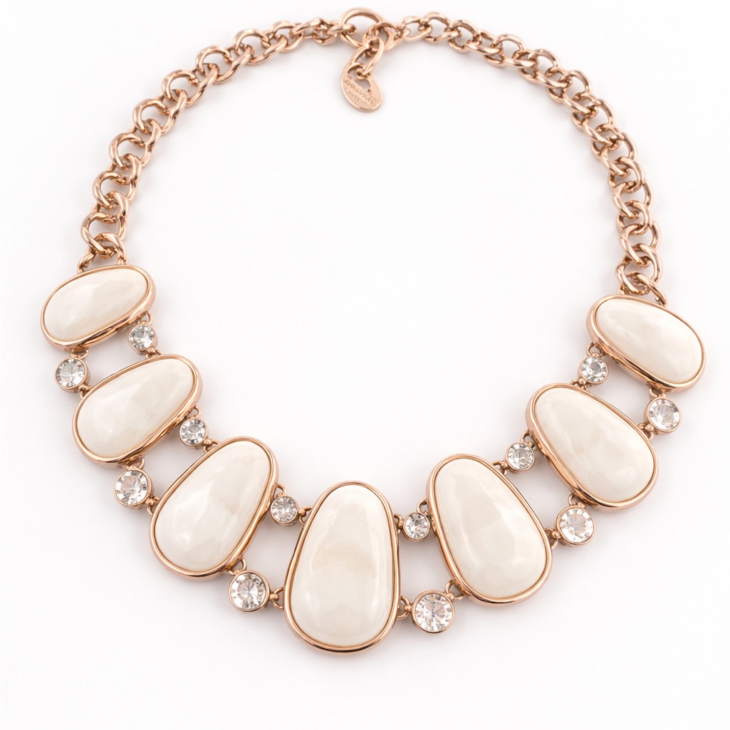 St. Thomas Rose Gold Cream Pearl Statement Necklace Rhinestone 20”